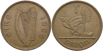ИРЛАНДИЯ 1 ПЕННИ 1966 КУРИЦА С ЦЫПЛЯТАМИ KM 11 бронза 97-945