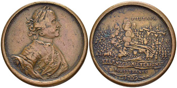 Россия медаль 1709 Полтавская битва, 27 июня 1709, Петр I, сцена битвы, диаметр 31,5 мм, вес 19,23 г, гравер С.Юдин Дьяков 27.16 бронза 00-821-03