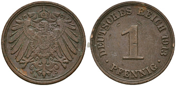 Германия 1 пфенниг 1913 A, Вильгельм II (1888-1918) KM 10, J. 10 медь 4608-123