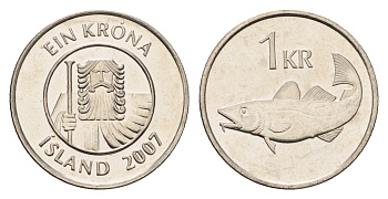 Исландия 1 крона 2007 треска KM 27a сталь плакированная никелем UNC 4691-622
