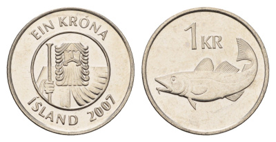 Исландия 1 крона 2007 треска KM 27a сталь плакированная никелем UNC 4691-622