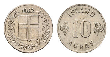 Исландия 10 эйре 1963 KM 10 медно-никель aUNC 4690-668