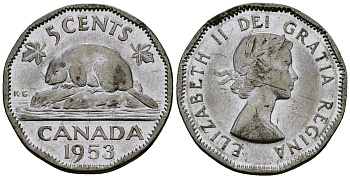 Канада 5 центов 1953 Елизавета II (1953-), бобр KM 50 хромированная сталь 4167-923