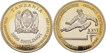 Танзания 2000 шиллингов 1996 XXVI Олимпийские игры 1996 года в Атланте, 100 лет Олимпийскому движению, карате, пробник, рубчатый гурт медно-никель PROOF 06-158-21