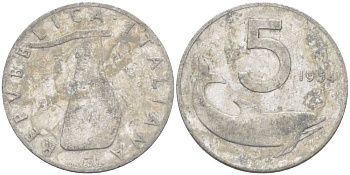 ИТАЛИЯ 5 ЛИР 1954 R, РУЛЬ, ДЕЛЬФИН KM 92 алюминий 95-742