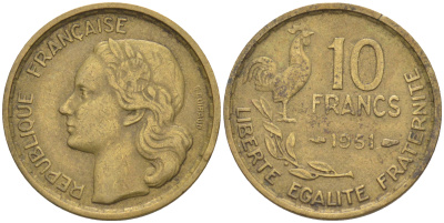 Франция 10 франков 1951 петух KM 915.1, Le Franc 363.4 алюминиевая бронза 188-155