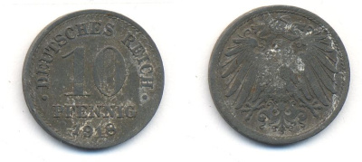 ГЕРМАНИЯ 10 ПФЕННИГОВ 1918 KM 26, J. 299 цинк 35-731