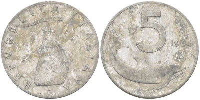 ИТАЛИЯ 5 ЛИР 1954 R, РУЛЬ, ДЕЛЬФИН KM 92 алюминий 95-742