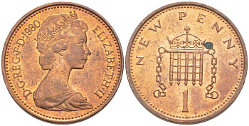 Великобритания 1 пенни 1980 Елизавета II (1952-2022) KM 915, Spink 4237 (B1) бронза 175-612