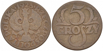 ПОЛЬША 5 ГРОШЕЙ 1928 w KM 10a бронза 4549-249