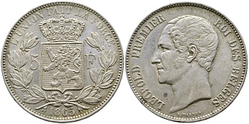 Бельгия 5 франков 1865 Леопольд I (1831-1865) KM 17 серебро 00-1067-6-32