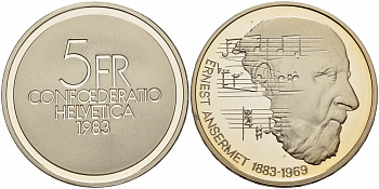 ШВЕЙЦАРИЯ 5 ФРАНКОВ 1983 100 ЛЕТ СО ДНЯ РОЖДЕНИЯ ЭРНЕСТА АНСЕРМЕ KM 62 медно-никель PROOF 1087-3-24