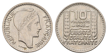 Франция 10 франков 1948 тип Пьер Турин KM 909.1, Le Franc 362.3 медно-никель UNC 4675-754