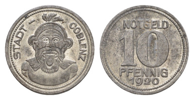Кобленц 10 пфеннигов 1920 Funck 80.3, Men05 4526.8, Men18 5727.8 железо 4636-921