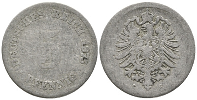 Германия 5 пфеннигов 1875 C, старогербовка KM 3, Jager 3, Weege 5 медно-никель 39-322