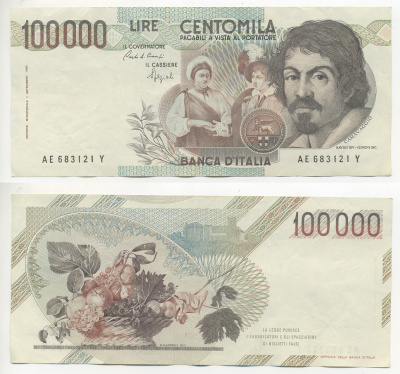Италия 100000 лир 1983 Караваджо, фруктовый букет, подпись Speziali Pick 110b бумага 7220-25-1