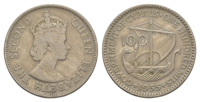 Кипр 100 милей 1955 Елизавета II (1952-2022) KM 37 медно-никель 4652-422