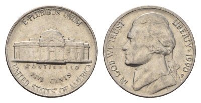 США 5 центов 1990 P, Джефферсон KM A192 медно-никель 4637-652