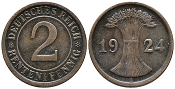 ГЕРМАНИЯ 2 РЕНТЕНПФЕННИГА 1924 A KM 31, J. 307 бронза 24-545