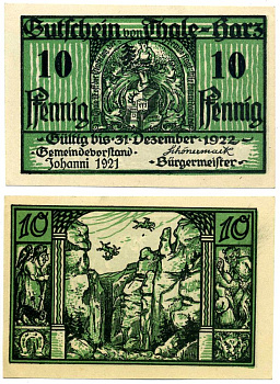 Тале-Гарц 10 пфеннигов 1921 1 января 1921 - 31 декабря 1922, нотгельд, земля Саксония-Анхальт Grabowski 1320.1 бумага 2195-25-1-2