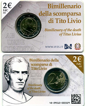 Италия 2 евро 2017 2000 лет со дня смерти Тита Ливия, запайка, пластик KM 100 биметалл BUNC 3-4-8-47
