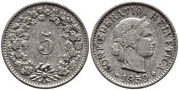 ШВЕЙЦАРИЯ 5 РАППЕНОВ 1959 В KM 26 медно-никель 4398-637
