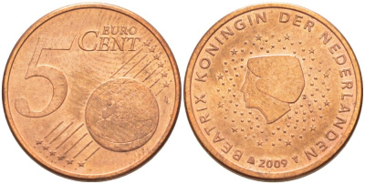 НИДЕРЛАНДЫ 5 ЕВРОЦЕНТОВ 2009 БЕАТРИКС KM 276 сталь плакированная медью 4543-235