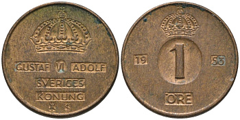 Швеция 1 эре 1953 TS, Густав VI Адольф (1950-1973) KM 820 бронза 54-439