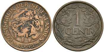 Нидерланды 1 цент 1941 Вильгельмина (1890-1948) KM 152 бронза 4576-1148