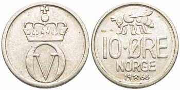 Норвегия 10 эре 1968 пчела, Улаф V (1958-1991) KM 411 медно-никель 72-1022