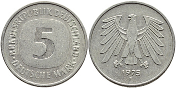 ФРГ 5 марок 1975 F, монетный двор Штутгарт КМ 140.1, J. 415 медно-никель плакированный никелем 84-1441