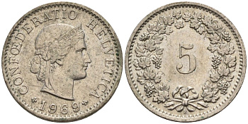 Швейцария 5 раппенов 1969 KM 26 медно-никель 4152-559