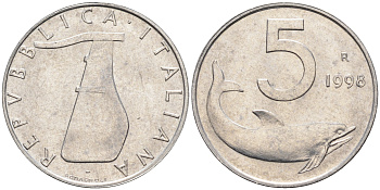 Италия 5 лир 1998 R, дельфин KM 92 алюминий  UNC  4594-822