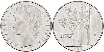 Италия 100 лир 1974 R, Афина KM 96.1 нержавеющая сталь 4117-332