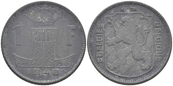 БЕЛЬГИЯ 1 ФРАНК 1946 BELGIE-BELGIQUE, ГЕРМАНСКАЯ ОККУПАЦИЯ, ВТОРАЯ МИРОВАЯ ВОЙНА, ЛЕОПОЛЬД III (1934-1950) KM 128 цинк 119-421