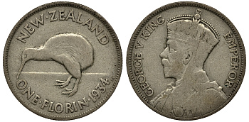 Новая Зеландия 1 флорин 1934 Георг V (1910-1936), птичка киви KM 4 серебро 272-1321