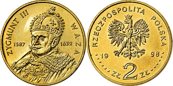 Польша 2 злотых 1998 MW, серия Польские короли, Сигизмунд III Ваза (1587-1632) KM 336 нордик  UNC  4531-326