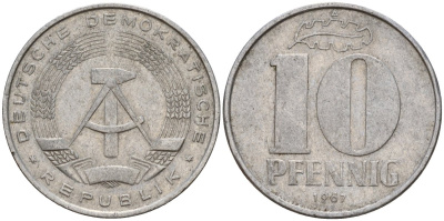 ГДР 10 пфеннигов 1967 A KM 10 алюминий 27-1247