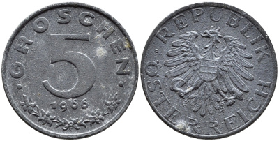 АВСТРИЯ 5 ГРОШЕЙ 1966 KM 2875 цинк 4392-155