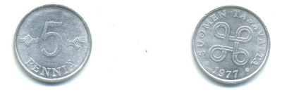 ФИНЛЯНДИЯ 5 ПЕННИ 1977 KM 45а алюминий 80-846