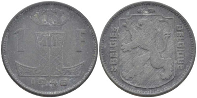 БЕЛЬГИЯ 1 ФРАНК 1946 BELGIE-BELGIQUE, ГЕРМАНСКАЯ ОККУПАЦИЯ, ВТОРАЯ МИРОВАЯ ВОЙНА, ЛЕОПОЛЬД III (1934-1950) KM 128 цинк 119-421