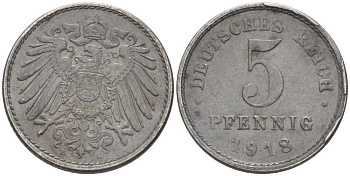 ГЕРМАНИЯ 5 ПФЕННИГОВ 1918 E KM 19, J. 297, Weege 5 железо 206-721