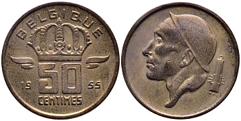 БЕЛЬГИЯ 50 САНТИМОВ 1955 BELGIQUE KM 144 бронза 4392-812