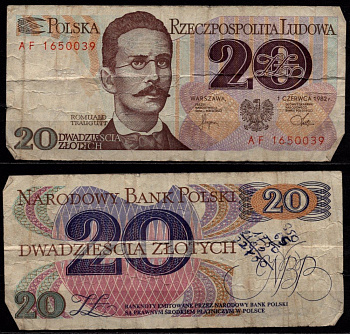 Польша 20 золотых 1982 Ромуальд Траугутт Pick 149 a(2) бумага 7523-44-2-2