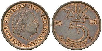 Нидерланды 5 центов 1980 KM 181 бронза aUNC 4618-359