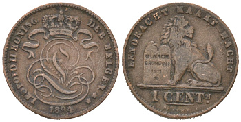 Бельгия 1 сантим 1894 DER BELGEN, Леопольд II (1865-1909) KM 34 медь 4617-517