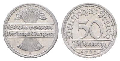 Германия 50 пфеннигов 1922 A KM 27, J. 301 алюминий aUNC 4646-1143