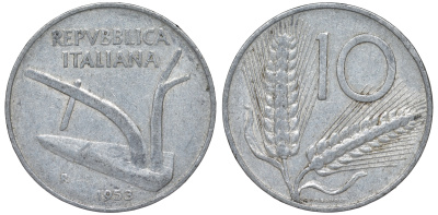 Италия 10 лир 1953 R, плуг, колосья KM 93 алюминий 4543-515