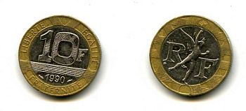 Франция 10 франков 1990 тип Гений Бастилии KM 964.1, Le Frank 375.5 биметалл 37-153