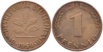 ФРГ 1 ПФЕННИГ 1950 F KM 105, J. 380 сталь плакированная медью 116-353